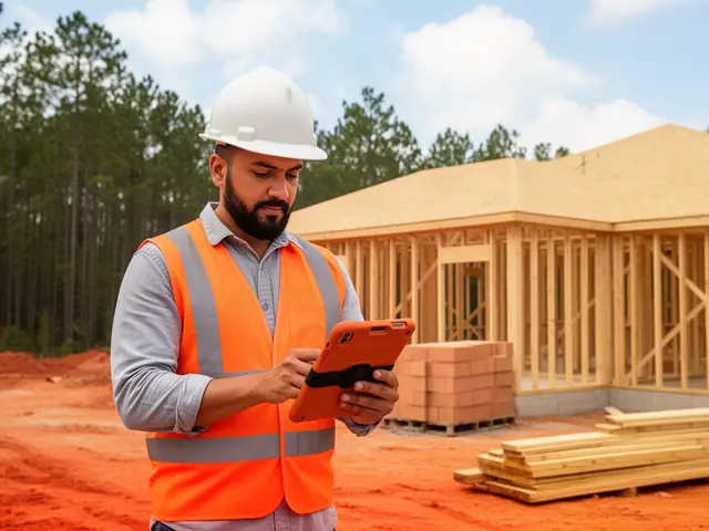 Home builder in a white hard hat and orange safety vest checking a tablet at a site with a wood-framed house