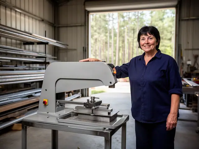 Smiling metal fabrication shop owner resting her hand on a new enclosed metal-cutting saw in her shop