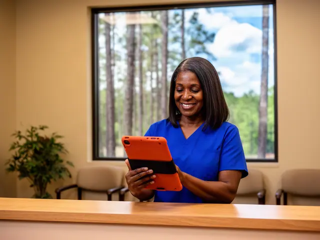 Smiling office manager in blue scrubs reviewing an orange-cased tablet behind a light oak reception counter