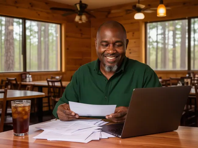 Restaurant owner in a green shirt smiling at paperwork at a table in his empty wood-paneled dining room