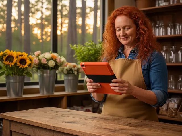 Florist with curly red hair in a canvas apron checking an orange-cased tablet behind a rustic wooden counter