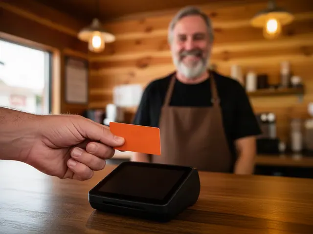 Hand holding a plain orange card over a black countertop card terminal, smiling barbecue restaurant owner behind